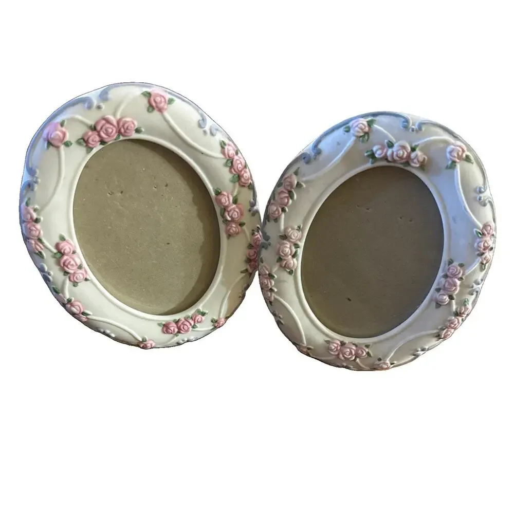 Vintage Porcelain Oval Picture Frames Pair Pink Roses 3D Floral Taiwan 5x4